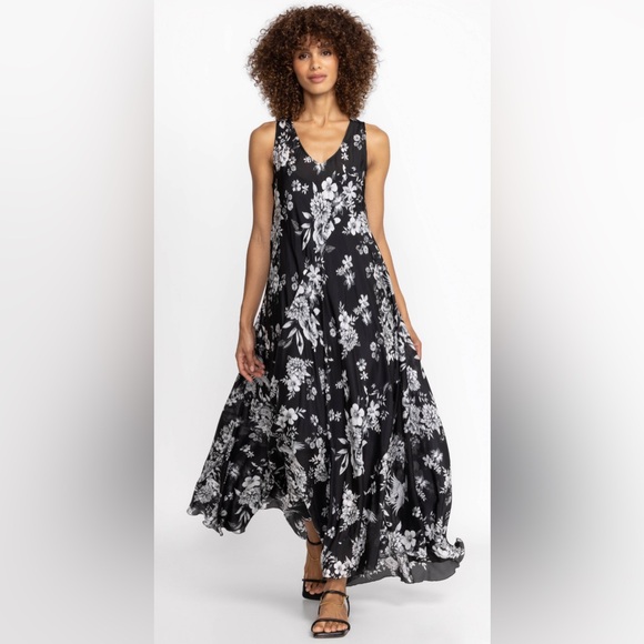 JOHNNY WAS DREAMER SILK BIAS DRESS FLORAL PRINT BLACK MAXI SUMMER DRESS V-NECK - Picture 2 of 8